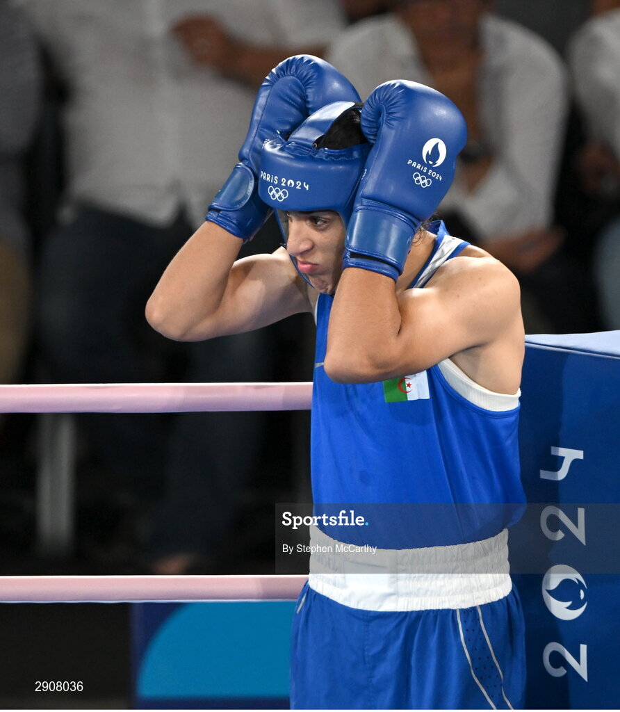 6 August 2024; Imane Khelif of Team Algeria during her women's 66kg semi-final bout against Janjaem Suwannapheng of Team Thailand at Court Philippe-Chatrier in Roland Garros Stadium during the 2024 Paris Summer Olympic Games in Paris, France. Photo by Stephen McCarthy/Sportsfile