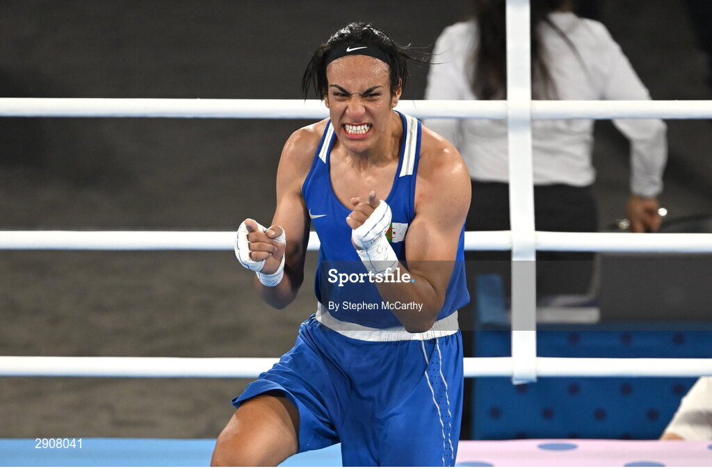 6 August 2024; Imane Khelif of Team Algeria celebrates after winning their women's 66kg semi-final bout against Janjaem Suwannapheng of Team Thailand at Court Philippe-Chatrier in Roland Garros Stadium during the 2024 Paris Summer Olympic Games in Paris, France. Photo by Stephen McCarthy/Sportsfile