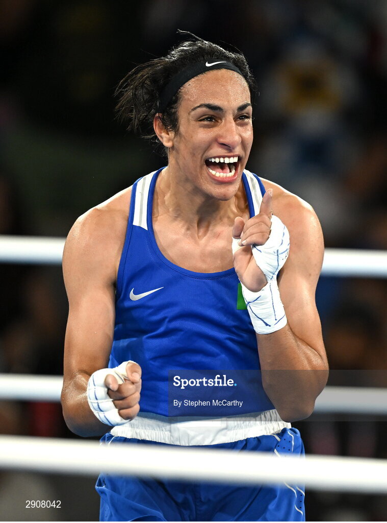 6 August 2024; Imane Khelif of Team Algeria celebrates defeating Janjaem Suwannapheng of Team Thailand in their women's 66kg semi-final bout at Court Philippe-Chatrier in Roland Garros Stadium during the 2024 Paris Summer Olympic Games in Paris, France. Photo by Stephen McCarthy/Sportsfile