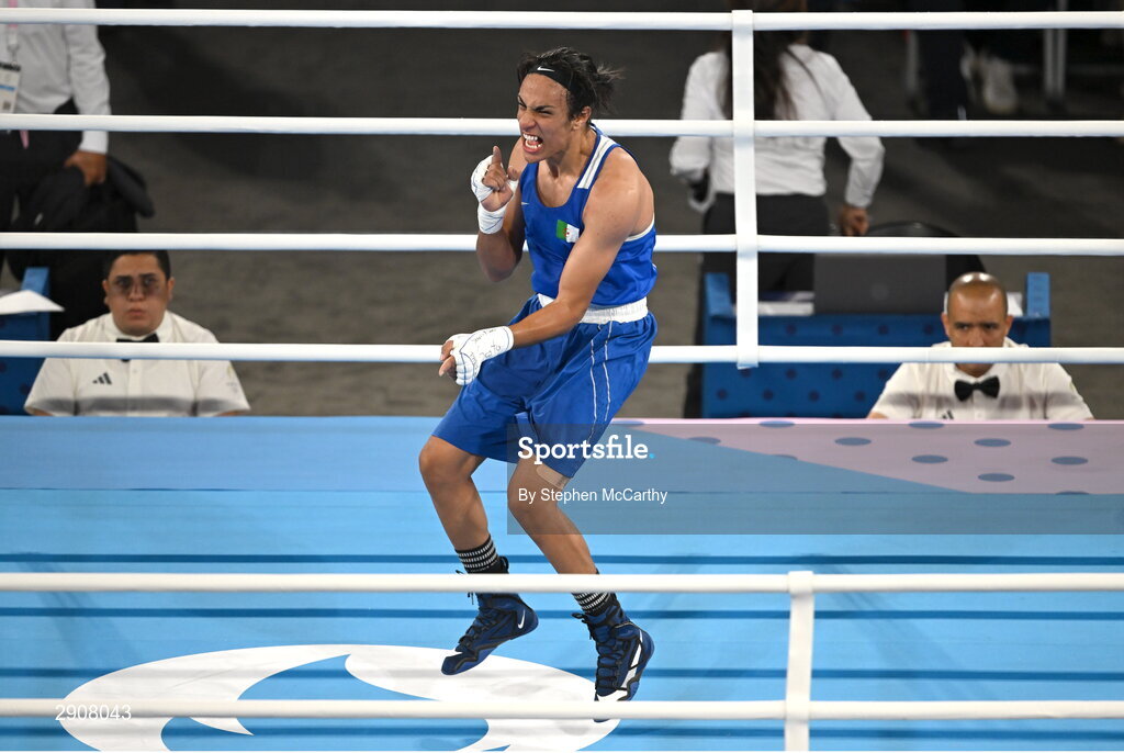 6 August 2024; Imane Khelif of Team Algeria celebrates after winning their women's 66kg semi-final bout against Janjaem Suwannapheng of Team Thailand at Court Philippe-Chatrier in Roland Garros Stadium during the 2024 Paris Summer Olympic Games in Paris, France. Photo by Stephen McCarthy/Sportsfile