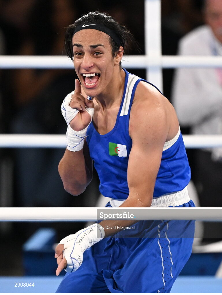 6 August 2024; Imane Khelif of Team Algeria celebrates defeating Janjaem Suwannapheng of Team Thailand in their women's 66kg semi-final bout at Court Philippe-Chatrier in Roland Garros Stadium during the 2024 Paris Summer Olympic Games in Paris, France. Photo by David Fitzgerald/Sportsfile