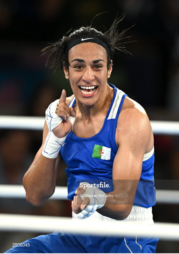6 August 2024; Imane Khelif of Team Algeria celebrates defeating Janjaem Suwannapheng of Team Thailand in their women's 66kg semi-final bout at Court Philippe-Chatrier in Roland Garros Stadium during the 2024 Paris Summer Olympic Games in Paris, France. Photo by Stephen McCarthy/Sportsfile
