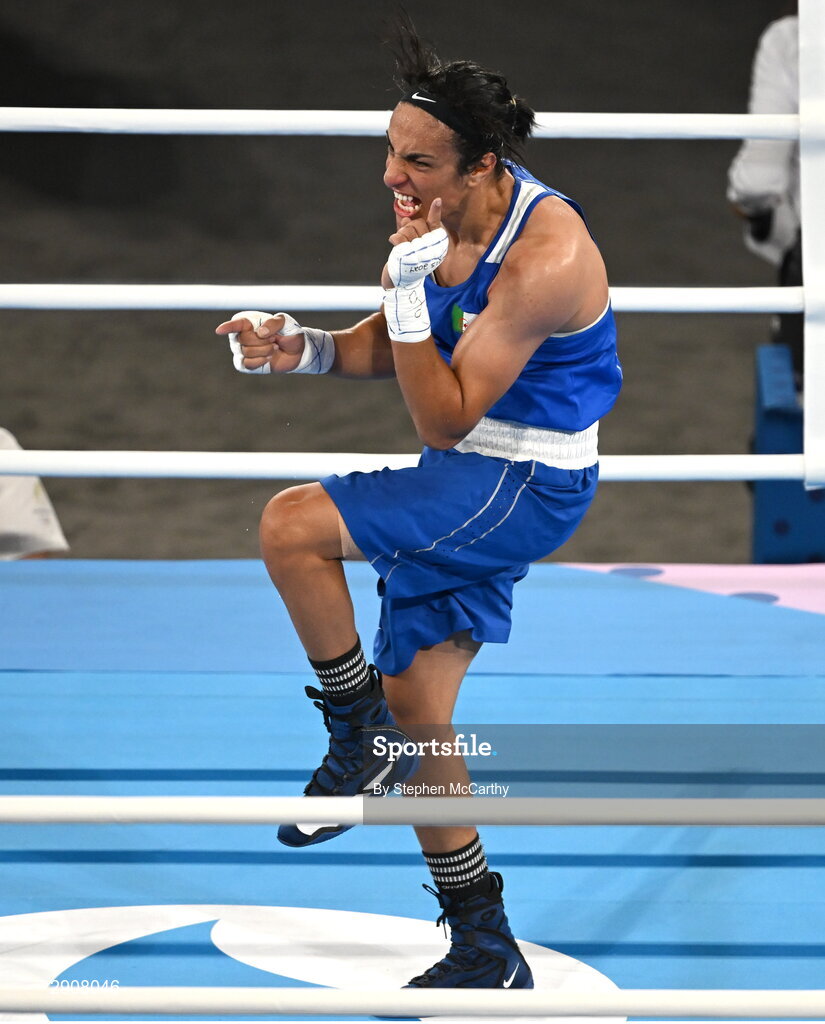 6 August 2024; Imane Khelif of Team Algeria celebrates after winning their women's 66kg semi-final bout against Janjaem Suwannapheng of Team Thailand at Court Philippe-Chatrier in Roland Garros Stadium during the 2024 Paris Summer Olympic Games in Paris, France. Photo by Stephen McCarthy/Sportsfile