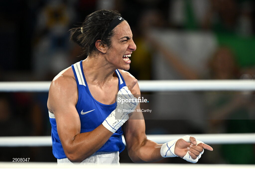 6 August 2024;  Imane Khelif of Team Algeria celebrates defeating Janjaem Suwannapheng of Team Thailand in their women's 66kg semi-final bout at Court Philippe-Chatrier in Roland Garros Stadium during the 2024 Paris Summer Olympic Games in Paris, France. Photo by Stephen McCarthy/Sportsfile