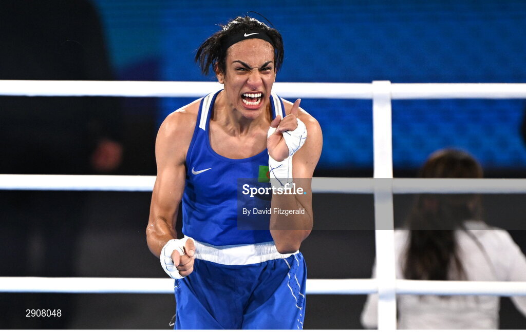 6 August 2024; Imane Khelif of Team Algeria celebrates defeating Janjaem Suwannapheng of Team Thailand in their women's 66kg semi-final bout at Court Philippe-Chatrier in Roland Garros Stadium during the 2024 Paris Summer Olympic Games in Paris, France. Photo by David Fitzgerald/Sportsfile