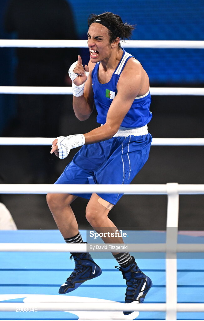 6 August 2024; Imane Khelif of Team Algeria celebrates defeating Janjaem Suwannapheng of Team Thailand in their women's 66kg semi-final bout at Court Philippe-Chatrier in Roland Garros Stadium during the 2024 Paris Summer Olympic Games in Paris, France. Photo by David Fitzgerald/Sportsfile