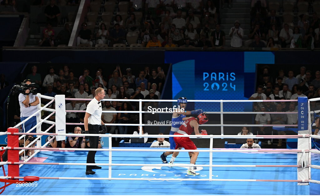 6 August 2024; Imane Khelif of Team Algeria and Janjaem Suwannapheng of Team Thailand during their women's 66kg semi-final bout at Court Philippe-Chatrier in Roland Garros Stadium during the 2024 Paris Summer Olympic Games in Paris, France. Photo by David Fitzgerald/Sportsfile