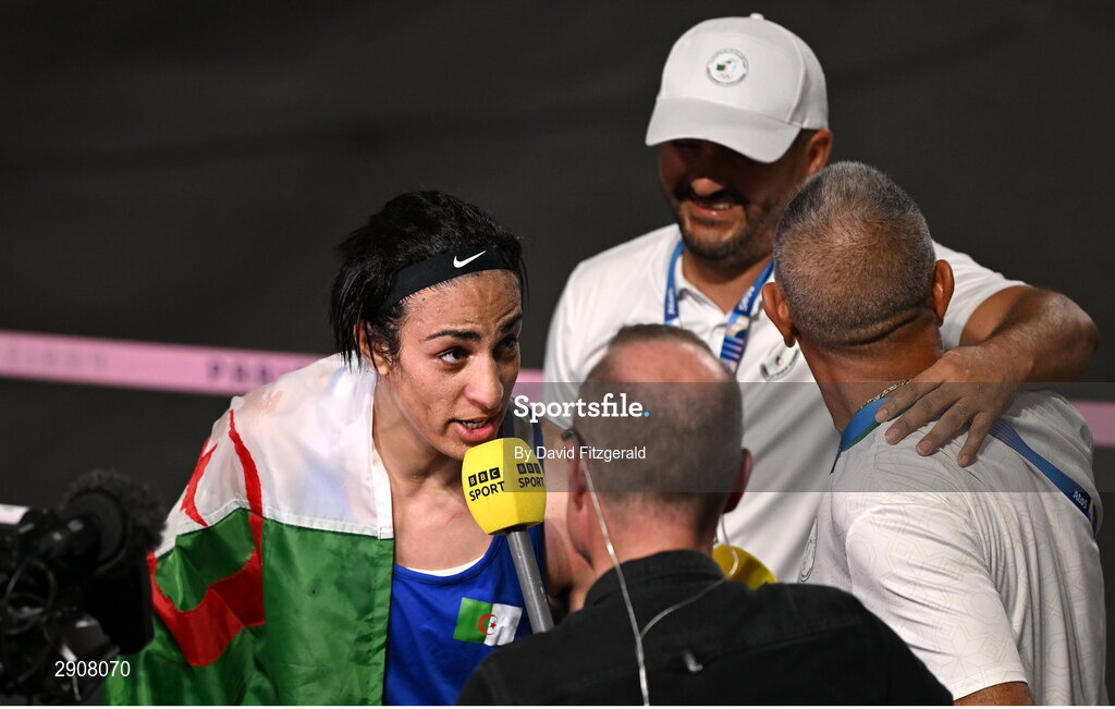 6 August 2024; Imane Khelif of Team Algeria is interviewed by BBC Sport after her victory over Janjaem Suwannapheng of Team Thailand in their women's 66kg semi-final bout at Court Philippe-Chatrier in Roland Garros Stadium during the 2024 Paris Summer Olympic Games in Paris, France. Photo by David Fitzgerald/Sportsfile