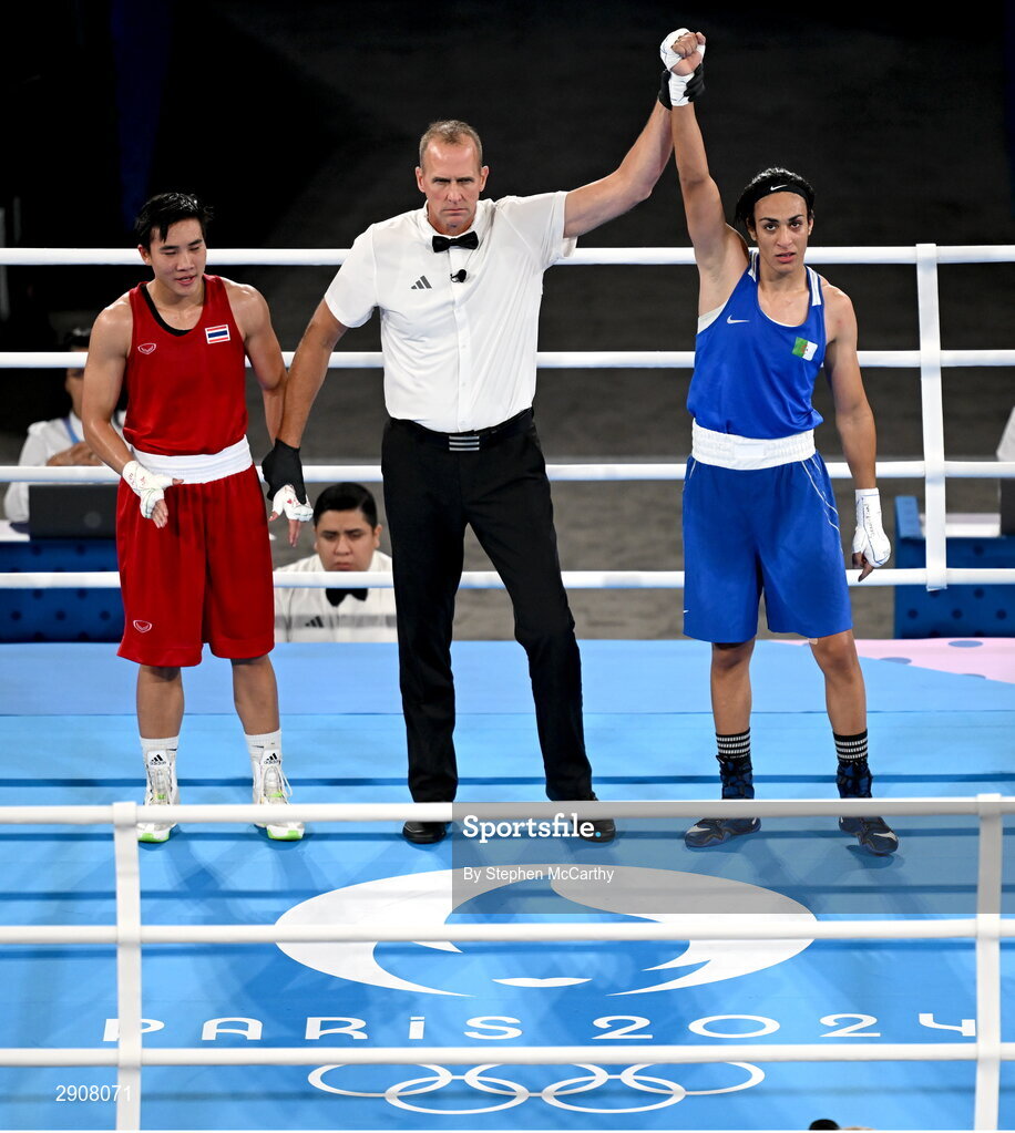6 August 2024; Imane Khelif of Team Algeria, right, is declared victorious over Janjaem Suwannapheng of Team Thailand after their women's 66kg semi-final bout at Court Philippe-Chatrier in Roland Garros Stadium during the 2024 Paris Summer Olympic Games in Paris, France. Photo by Stephen McCarthy/Sportsfile