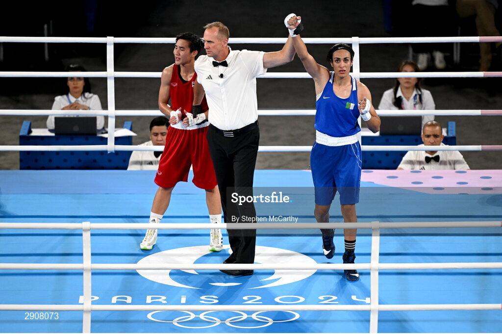 6 August 2024; Imane Khelif of Team Algeria, right, is declared victorious over Janjaem Suwannapheng of Team Thailand after their women's 66kg semi-final bout at Court Philippe-Chatrier in Roland Garros Stadium during the 2024 Paris Summer Olympic Games in Paris, France. Photo by Stephen McCarthy/Sportsfile