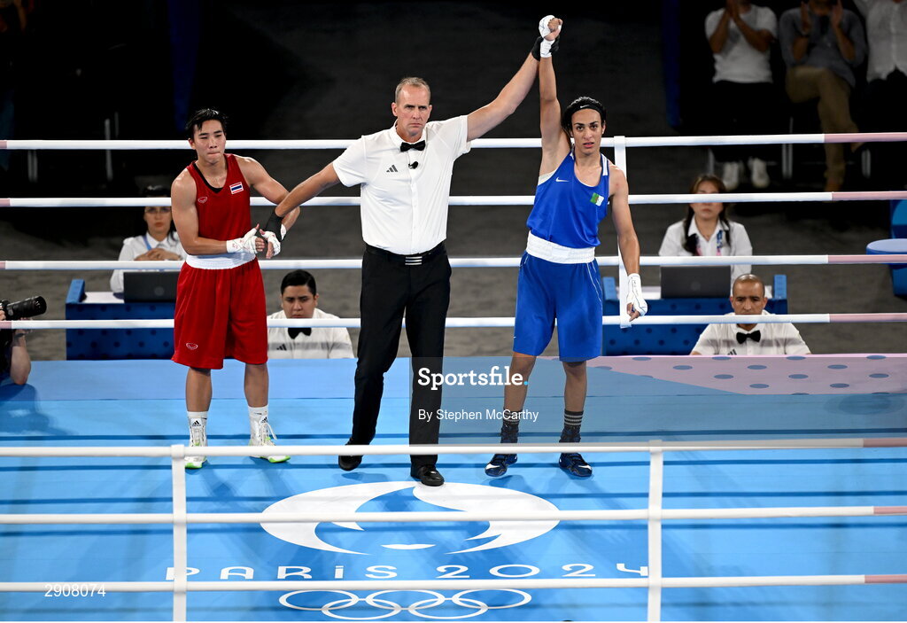 6 August 2024; Imane Khelif of Team Algeria, right, is declared victorious over Janjaem Suwannapheng of Team Thailand after their women's 66kg semi-final bout at Court Philippe-Chatrier in Roland Garros Stadium during the 2024 Paris Summer Olympic Games in Paris, France. Photo by Stephen McCarthy/Sportsfile