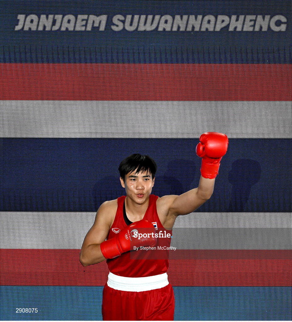 6 August 2024; Janjaem Suwannapheng of Team Thailand makes her way to the ring before her women's 66kg semi-final bout against Imane Khelif of Team Algeria at Court Philippe-Chatrier in Roland Garros Stadium during the 2024 Paris Summer Olympic Games in Paris, France. Photo by Stephen McCarthy/Sportsfile