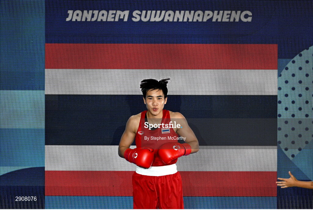 6 August 2024; Janjaem Suwannapheng of Team Thailand makes her way to the ring before her women's 66kg semi-final bout against Imane Khelif of Team Algeria at Court Philippe-Chatrier in Roland Garros Stadium during the 2024 Paris Summer Olympic Games in Paris, France. Photo by Stephen McCarthy/Sportsfile