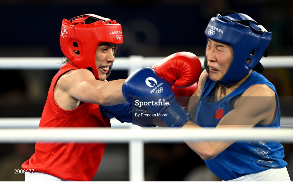 6 August 2024; Nien Chin Chen of Team Chinese Taipei, left, and Liu Yang of Team People's Republic Of China at Court Philippe-Chatrier in Roland Garros Stadium during the 2024 Paris Summer Olympic Games in Paris, France. Photo by Brendan Moran/Sportsfile