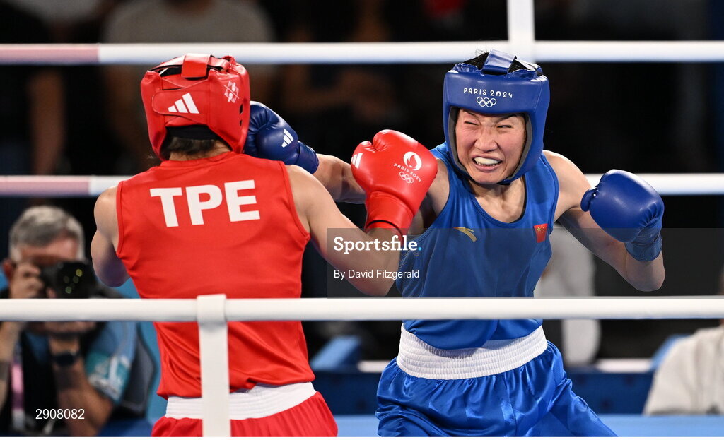 6 August 2024; Liu Yang of Team People's Republic of China, right, and Nien Chin Chen of Team Chinese Taipei  during their women's 66kg semi-final bout at Court Philippe-Chatrier in Roland Garros Stadium during the 2024 Paris Summer Olympic Games in Paris, France. Photo by David Fitzgerald/Sportsfile