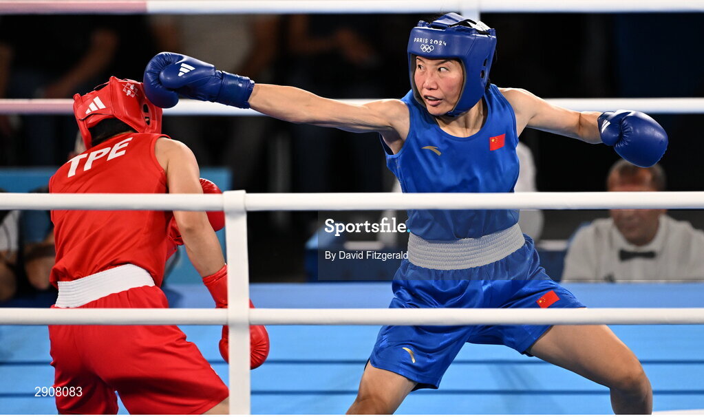 6 August 2024; Liu Yang of Team People's Republic of China, right, and Nien Chin Chen of Team Chinese Taipei  during their women's 66kg semi-final bout at Court Philippe-Chatrier in Roland Garros Stadium during the 2024 Paris Summer Olympic Games in Paris, France. Photo by David Fitzgerald/Sportsfile