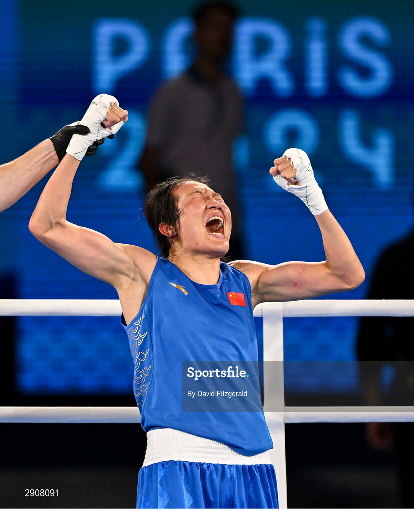 6 August 2024; Liu Yang of Team People's Republic of Chinacelebrates defeating Nien Chin Chen of Team Chinese Taipei in their women's 66kg semi-final bout at Court Philippe-Chatrier in Roland Garros Stadium during the 2024 Paris Summer Olympic Games in Paris, France. Photo by David Fitzgerald/Sportsfile