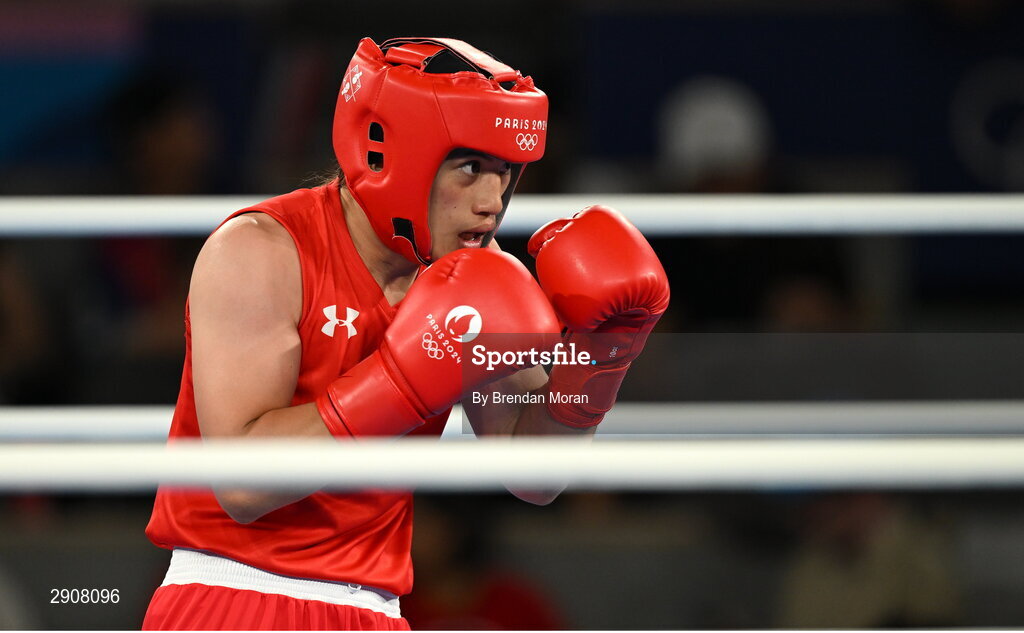 6 August 2024; Nien Chin Chen of Team Chinese Taipei during their women's 66kg semi-final bout against Liu Yang of Team People's Republic of China at Court Philippe-Chatrier in Roland Garros Stadium during the 2024 Paris Summer Olympic Games in Paris, France. Photo by Brendan Moran/Sportsfile