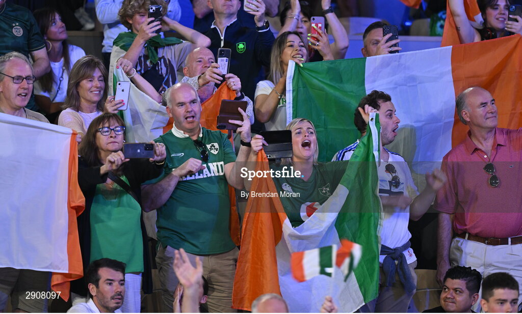 6 August 2024; Supporters of Kellie Harrington of Team Ireland during her women's 60kg final bout against Wenlu Yang of Team People's Republic of China  at Court Philippe-Chatrier in Roland Garros Stadium during the 2024 Paris Summer Olympic Games in Paris, France. Photo by Brendan Moran/Sportsfile