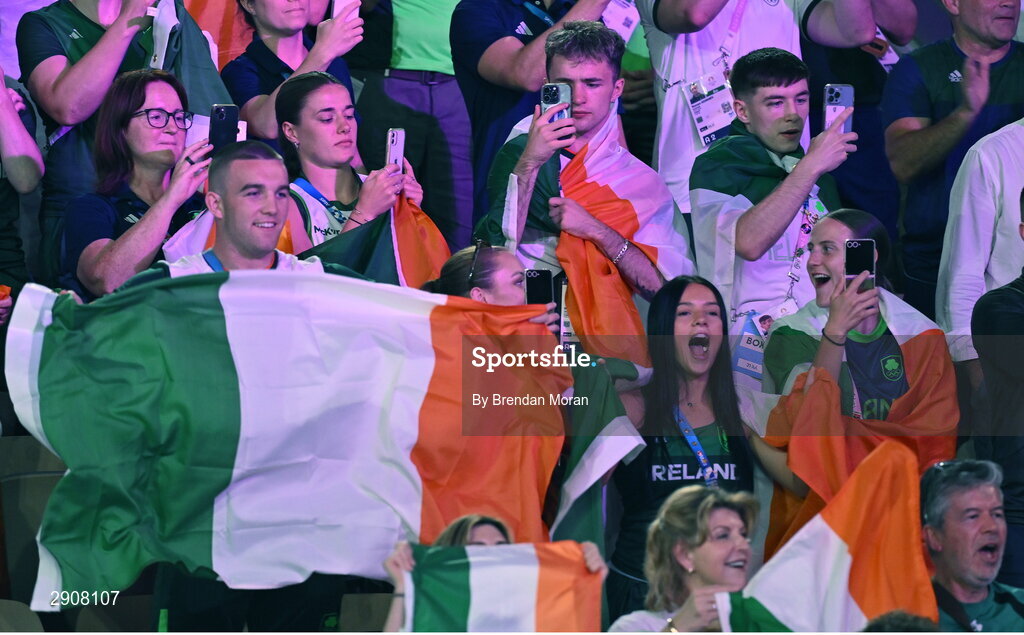 6 August 2024; Teammates of Kellie Harrington of Team Ireland during her women's 60kg final bout against Wenlu Yang of Team People's Republic of China  at Court Philippe-Chatrier in Roland Garros Stadium during the 2024 Paris Summer Olympic Games in Paris, France. Photo by Brendan Moran/Sportsfile