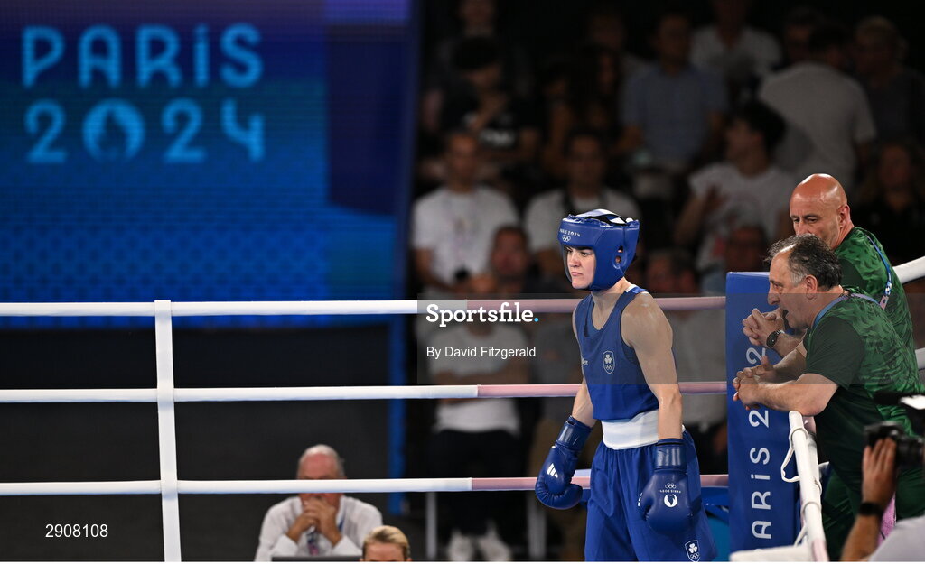 6 August 2024; Kellie Harrington of Team Ireland before her women's 60kg final bout against Wenlu Yang of Team People's Republic of China at Court Philippe-Chatrier in Roland Garros Stadium during the 2024 Paris Summer Olympic Games in Paris, France. Photo by David Fitzgerald/Sportsfile