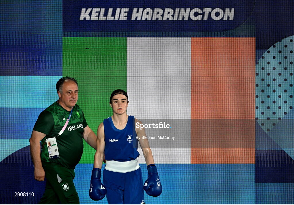 6 August 2024; Kellie Harrington of Team Ireland, with head coach Zaur Antia before her women's 60kg final bout against Wenlu Yang of Team People's Republic of China at Court Philippe-Chatrier in Roland Garros Stadium during the 2024 Paris Summer Olympic Games in Paris, France. Photo by Stephen McCarthy/Sportsfile