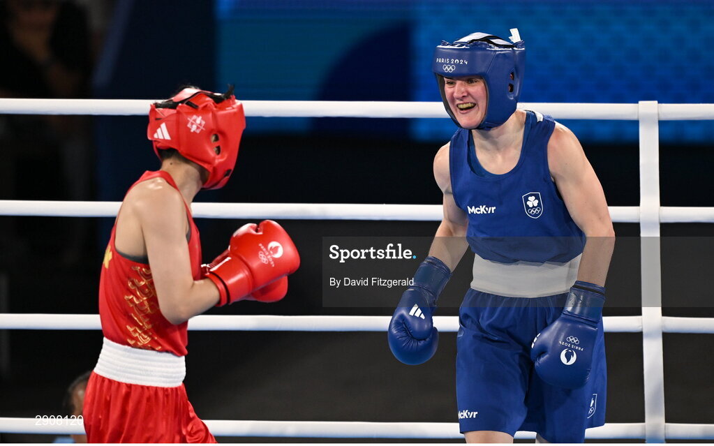 6 August 2024; Kellie Harrington of Team Ireland, right, and Wenlu Yang of Team People's Republic of China during their women's 60kg final bout at Court Philippe-Chatrier in Roland Garros Stadium during the 2024 Paris Summer Olympic Games in Paris, France. Photo by David Fitzgerald/Sportsfile