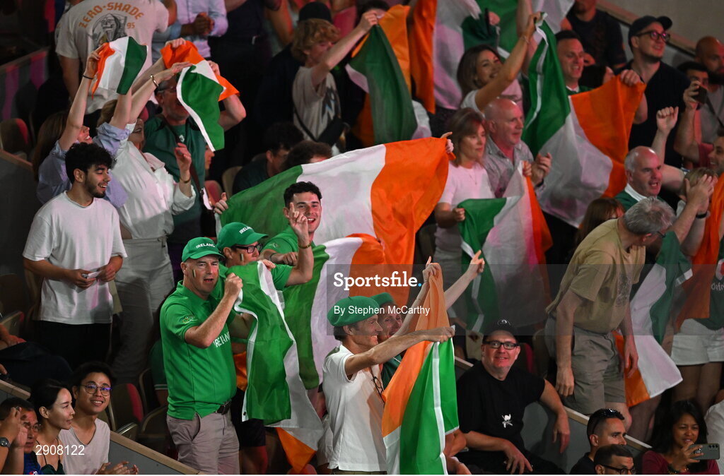 6 August 2024; Supporters of Kellie Harrington of Team Ireland show their support during her women's 60kg final bout against Wenlu Yang of Team People's Republic of China at Court Philippe-Chatrier in Roland Garros Stadium during the 2024 Paris Summer Olympic Games in Paris, France. Photo by Stephen McCarthy/Sportsfile