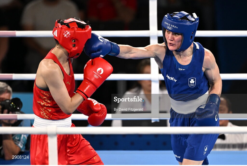 6 August 2024; Kellie Harrington of Team Ireland, right, and Wenlu Yang of Team People's Republic of China during their women's 60kg final bout at Court Philippe-Chatrier in Roland Garros Stadium during the 2024 Paris Summer Olympic Games in Paris, France. Photo by David Fitzgerald/Sportsfile