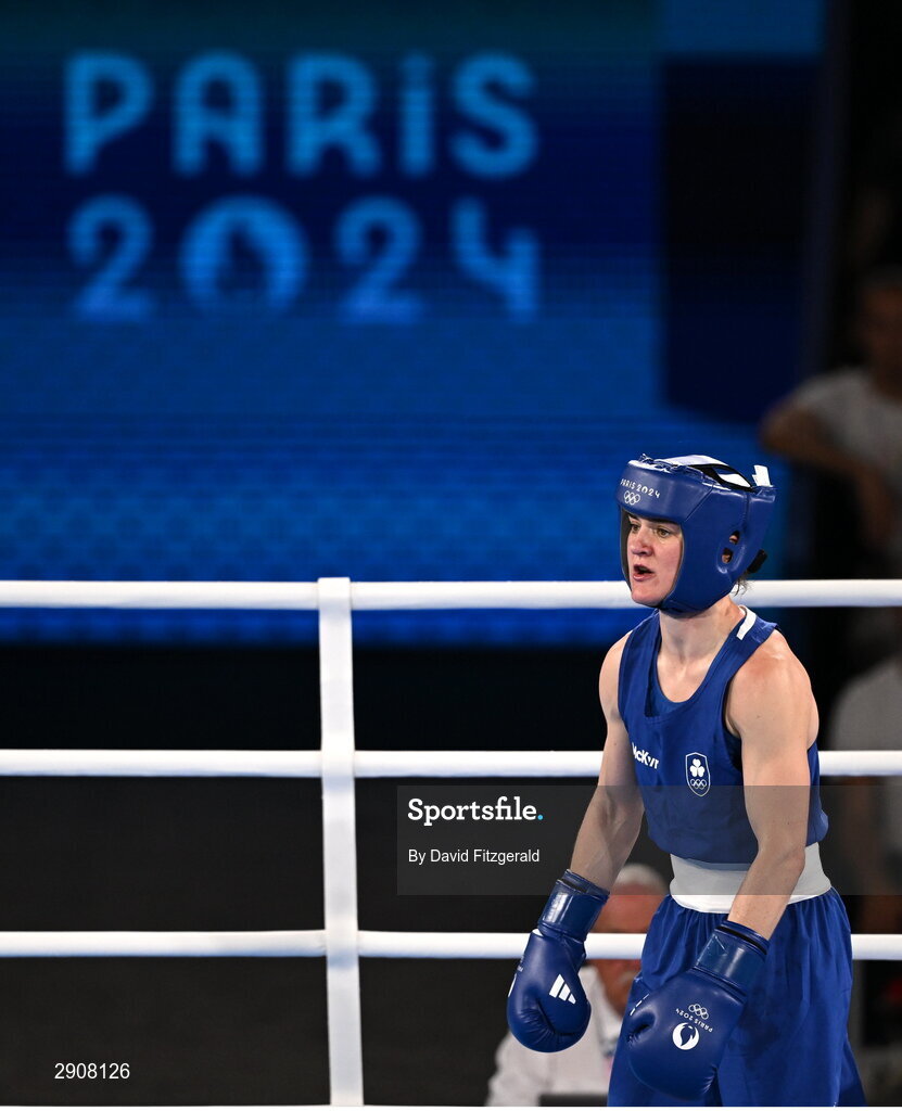 6 August 2024; Kellie Harrington of Team Ireland during her women's 60kg final bout against Wenlu Yang of Team People's Republic of China at Court Philippe-Chatrier in Roland Garros Stadium during the 2024 Paris Summer Olympic Games in Paris, France. Photo by David Fitzgerald/Sportsfile