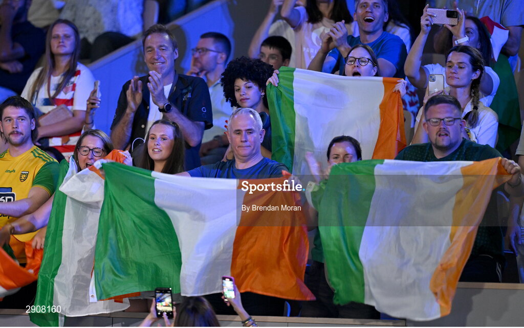 6 August 2024; Supporters of Kellie Harrington of Team Ireland during her women's 60kg final bout against Wenlu Yang of Team People's Republic of China  at Court Philippe-Chatrier in Roland Garros Stadium during the 2024 Paris Summer Olympic Games in Paris, France. Photo by Brendan Moran/Sportsfile