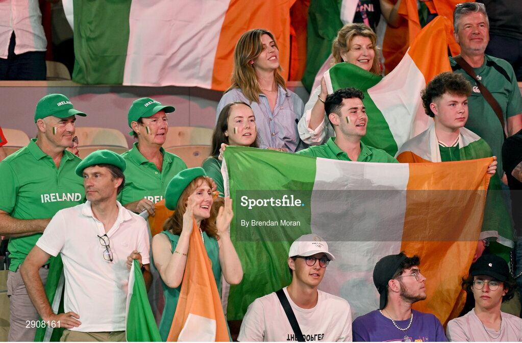 6 August 2024; Supporters of Kellie Harrington of Team Ireland during her women's 60kg final bout against Wenlu Yang of Team People's Republic of China  at Court Philippe-Chatrier in Roland Garros Stadium during the 2024 Paris Summer Olympic Games in Paris, France. Photo by Brendan Moran/Sportsfile