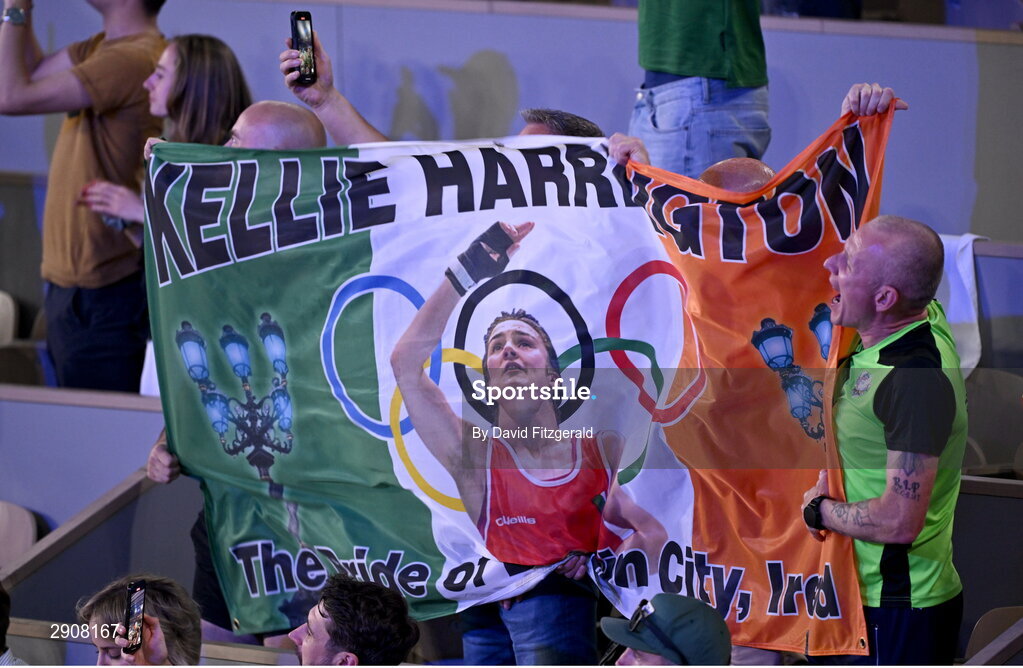 6 August 2024; Supporters of Kellie Harrington of Team Ireland during her women's 60kg final bout against Wenlu Yang of Team People's Republic of China at Court Philippe-Chatrier in Roland Garros Stadium during the 2024 Paris Summer Olympic Games in Paris, France. Photo by David Fitzgerald/Sportsfile