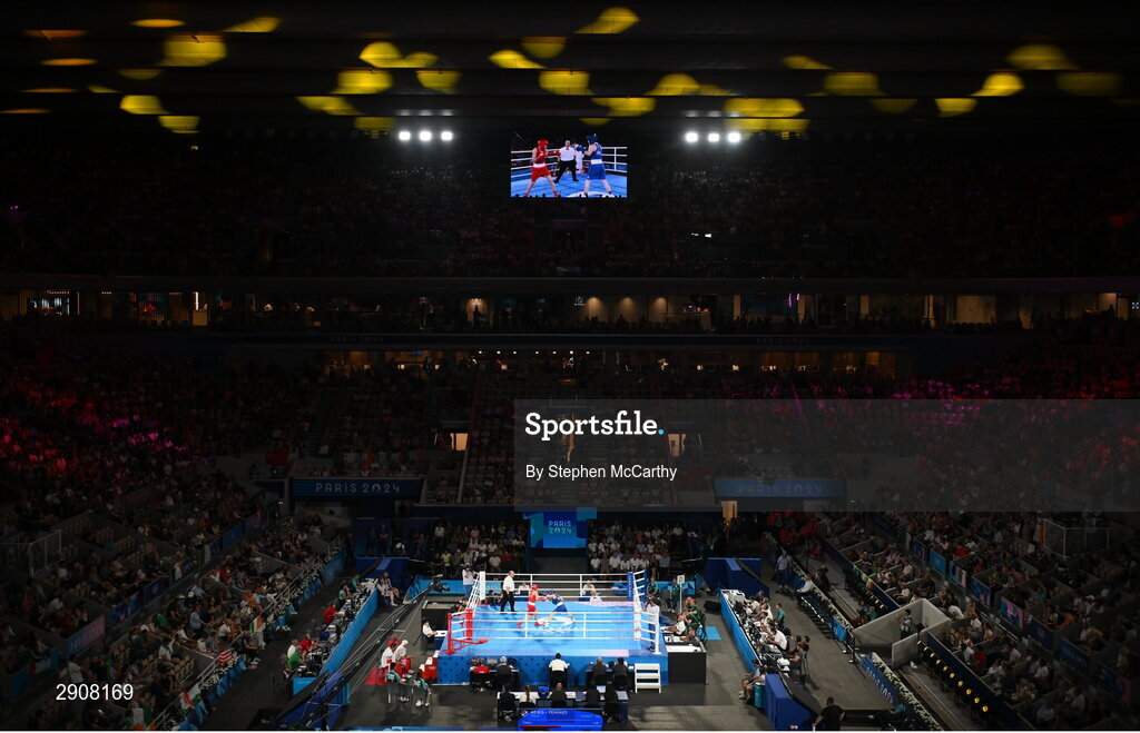6 August 2024; A general view during the women's 60kg final bout between Kellie Harrington of Team Ireland and Wenlu Yang of Team People's Republic of China at Court Philippe-Chatrier in Roland Garros Stadium during the 2024 Paris Summer Olympic Games in Paris, France. Photo by Stephen McCarthy/Sportsfile