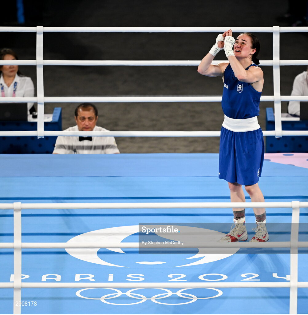 6 August 2024; Kellie Harrington of Team Ireland, celebrates after defeating Wenlu Yang of Team People's Republic of China after their women's 60kg final bout at Court Philippe-Chatrier in Roland Garros Stadium during the 2024 Paris Summer Olympic Games in Paris, France. Photo by Stephen McCarthy/Sportsfile
