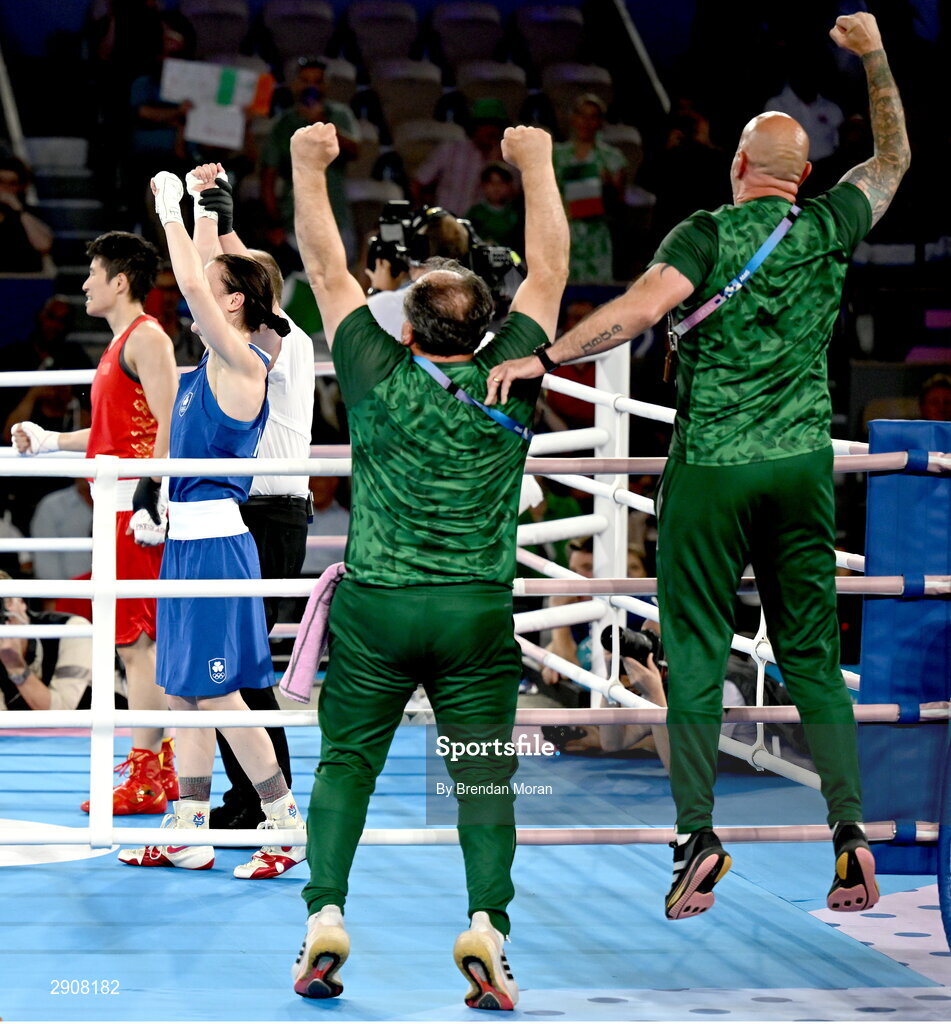 6 August 2024; Zaur Antia and Damian Kennedy, coaches to Kellie Harrington of Team Ireland celebrate as she is declared victorious overWenlu Yang of Team People's Republic of China in their women's 60kg final bout at Court Philippe-Chatrier in Roland Garros Stadium during the 2024 Paris Summer Olympic Games in Paris, France. Photo by Brendan Moran/Sportsfile
