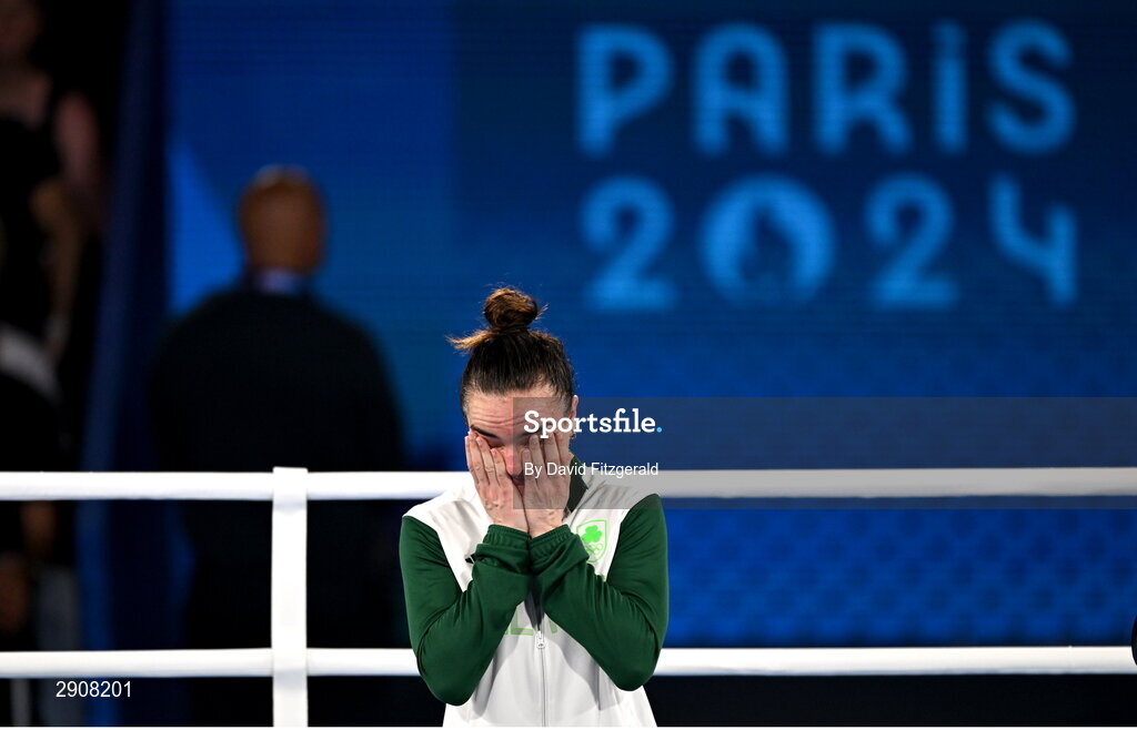 6 August 2024; An emotional Gold medalist Kellie Harrington of Team Ireland on the podium after defeating Wenlu Yang of Team People's Republic of China in their women's 60kg final bout  at Court Philippe-Chatrier in Roland Garros Stadium during the 2024 Paris Summer Olympic Games in Paris, France. Photo by David Fitzgerald/Sportsfile