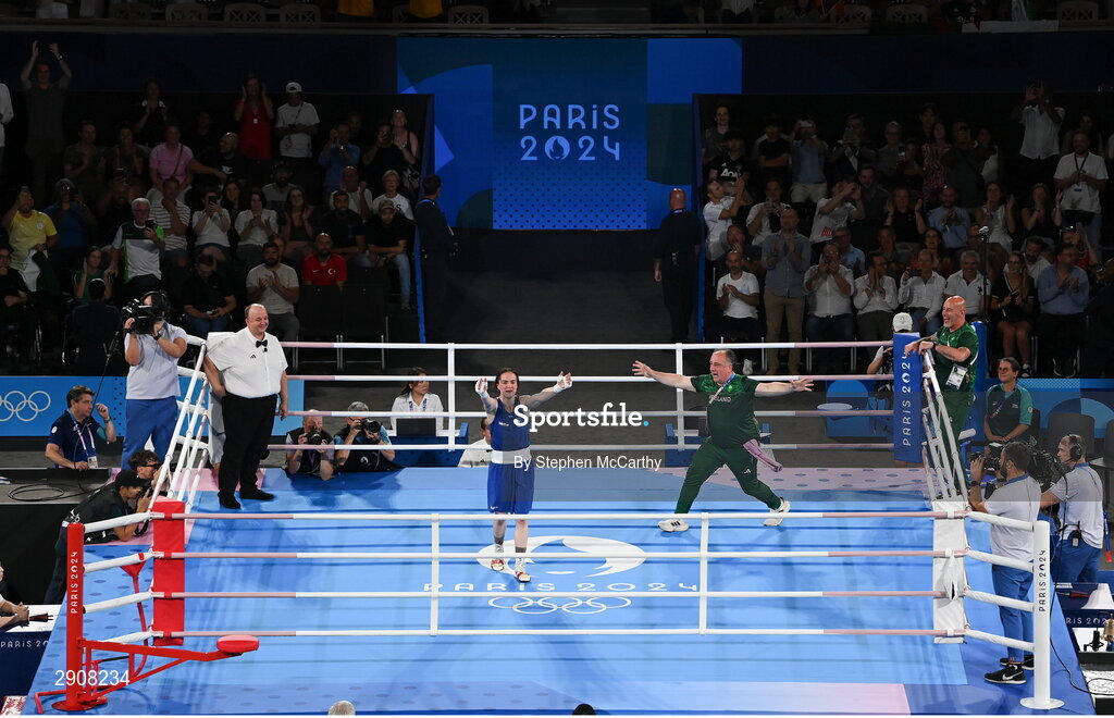 6 August 2024; Kellie Harrington of Team Ireland celebrates with head coach Zaur Antia after defeating Wenlu Yang of Team People's Republic of China in their women's 60kg final bout at Court Philippe-Chatrier in Roland Garros Stadium during the 2024 Paris Summer Olympic Games in Paris, France. Photo by Stephen McCarthy/Sportsfile