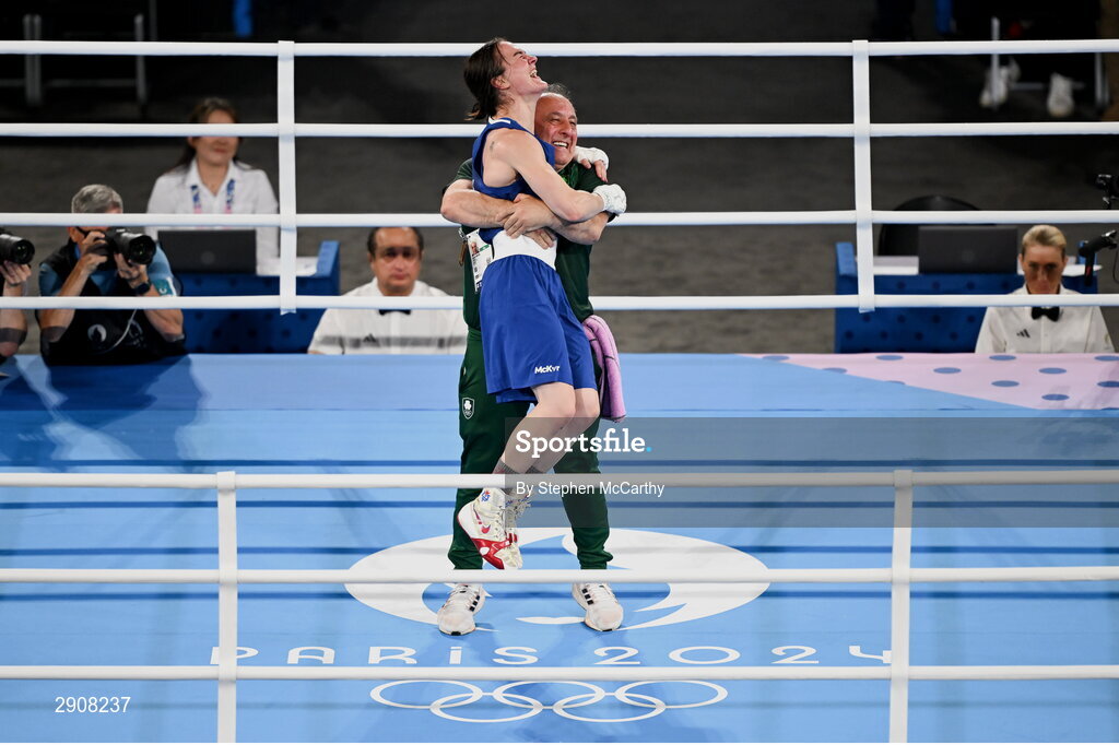 6 August 2024; Kellie Harrington of Team Ireland celebrates with head coach Zaur Antia after defeating Wenlu Yang of Team People's Republic of China in their women's 60kg final bout at Court Philippe-Chatrier in Roland Garros Stadium during the 2024 Paris Summer Olympic Games in Paris, France. Photo by Stephen McCarthy/Sportsfile