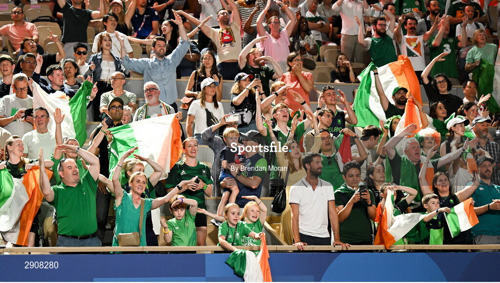 6 August 2024; Supporters of Kellie Harrington of Team Ireland after her women's 60kg final bout against Wenlu Yang of Team People's Republic of China at Court Philippe-Chatrier in Roland Garros Stadium during the 2024 Paris Summer Olympic Games in Paris, France. Photo by Brendan Moran/Sportsfile