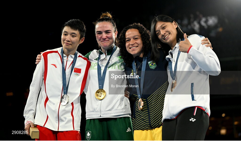 6 August 2024; The women's 60kg podium, from left to right, Silver medalist Wenlu Yang of Team People's Republic of China, Gold medalist Kellie Harrington of Team Ireland, Bronze medalists Beatriz Soares Ferreira of Team Brazil, and Shih Yi Wu of Team Chinese Taipei, at Court Philippe-Chatrier in Roland Garros Stadium during the 2024 Paris Summer Olympic Games in Paris, France. Photo by Brendan Moran/Sportsfile