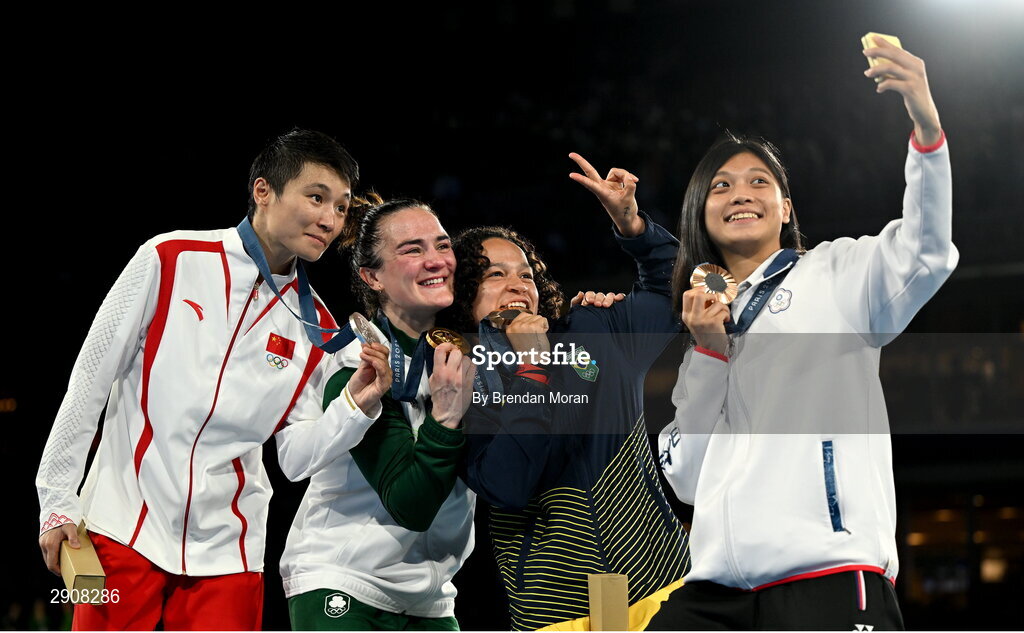 6 August 2024; The women's 60kg podium, from left to right, Silver medalist Wenlu Yang of Team People's Republic of China, Gold medalist Kellie Harrington of Team Ireland, Bronze medalists Beatriz Soares Ferreira of Team Brazil, and Shih Yi Wu of Team Chinese Taipei, at Court Philippe-Chatrier in Roland Garros Stadium during the 2024 Paris Summer Olympic Games in Paris, France. Photo by Brendan Moran/Sportsfile