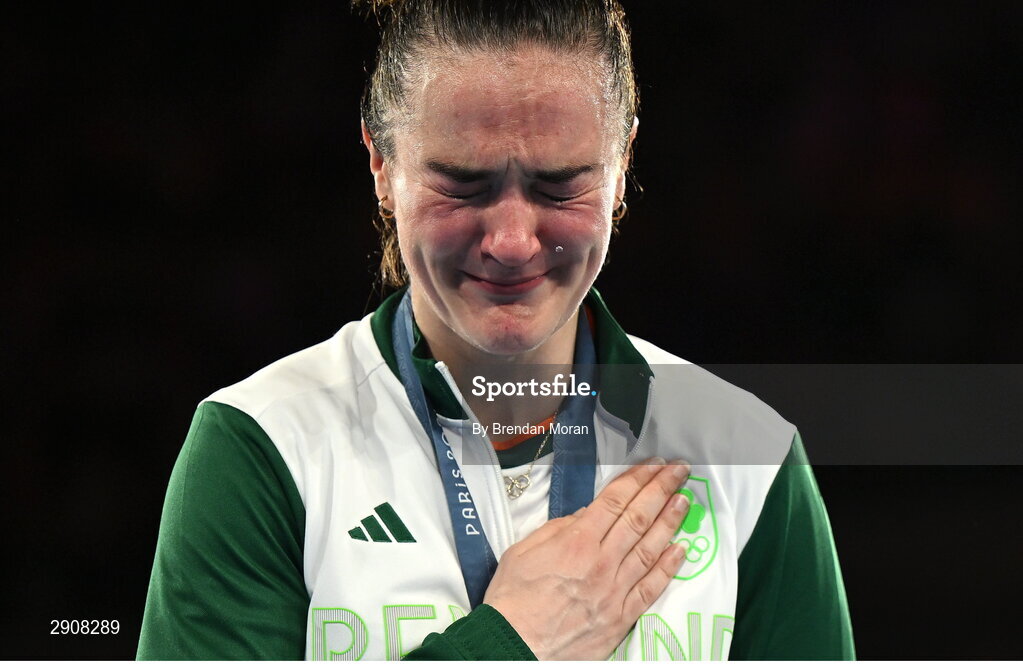 6 August 2024; An emotional Kellie Harrington of Team Ireland on the podium after defeating Wenlu Yang of Team People's Republic of China in their women's 60kg final bout  at Court Philippe-Chatrier in Roland Garros Stadium during the 2024 Paris Summer Olympic Games in Paris, France. Photo by Brendan Moran/Sportsfile