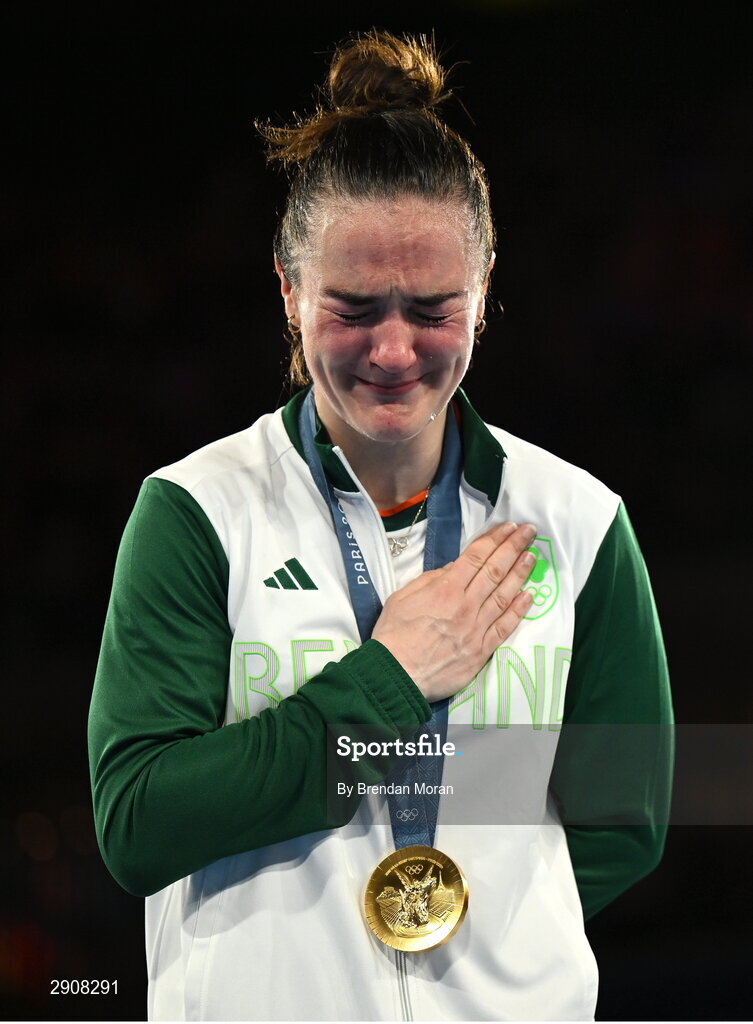 6 August 2024; An emotional Kellie Harrington of Team Ireland with her gold medal after defeating Wenlu Yang of Team People's Republic of China in their women's 60kg final bout  at Court Philippe-Chatrier in Roland Garros Stadium during the 2024 Paris Summer Olympic Games in Paris, France. Photo by Brendan Moran/Sportsfile