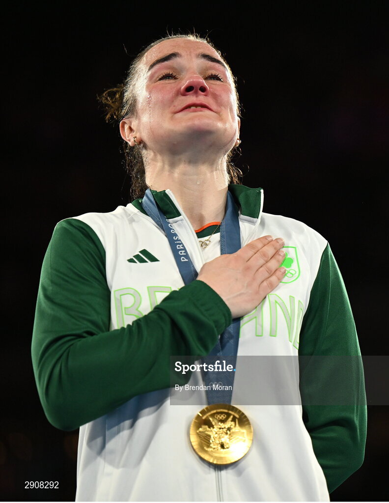 6 August 2024; An emotional Kellie Harrington of Team Ireland with her gold medal after defeating Wenlu Yang of Team People's Republic of China in their women's 60kg final bout  at Court Philippe-Chatrier in Roland Garros Stadium during the 2024 Paris Summer Olympic Games in Paris, France. Photo by Brendan Moran/Sportsfile