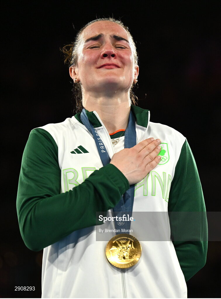 6 August 2024; An emotional Kellie Harrington of Team Ireland with her gold medal after defeating Wenlu Yang of Team People's Republic of China in their women's 60kg final bout  at Court Philippe-Chatrier in Roland Garros Stadium during the 2024 Paris Summer Olympic Games in Paris, France. Photo by Brendan Moran/Sportsfile