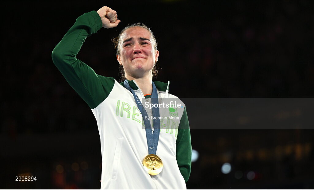 6 August 2024; An emotional Kellie Harrington of Team Ireland with her gold medal after defeating Wenlu Yang of Team People's Republic of China in their women's 60kg final bout  at Court Philippe-Chatrier in Roland Garros Stadium during the 2024 Paris Summer Olympic Games in Paris, France. Photo by Brendan Moran/Sportsfile