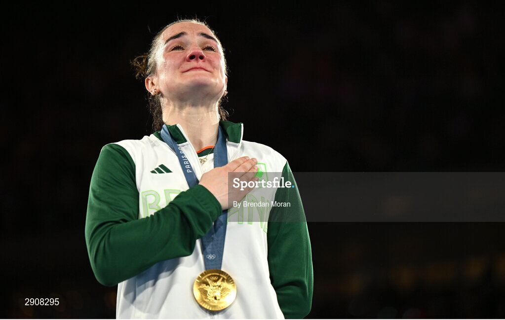 6 August 2024; An emotional Kellie Harrington of Team Ireland with her gold medal after defeating Wenlu Yang of Team People's Republic of China in their women's 60kg final bout  at Court Philippe-Chatrier in Roland Garros Stadium during the 2024 Paris Summer Olympic Games in Paris, France. Photo by Brendan Moran/Sportsfile