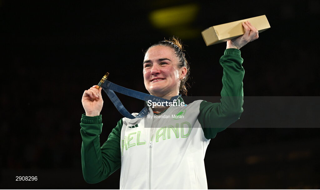 6 August 2024; An emotional Kellie Harrington of Team Ireland with her gold medal after defeating Wenlu Yang of Team People's Republic of China in their women's 60kg final bout  at Court Philippe-Chatrier in Roland Garros Stadium during the 2024 Paris Summer Olympic Games in Paris, France. Photo by Brendan Moran/Sportsfile