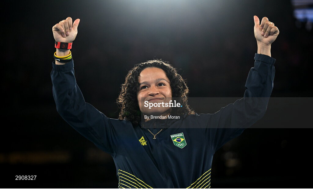 6 August 2024; Women's 60kg bronze medalist Beatriz Soares Ferreira of Team Brazil kisses her medal during the medal ceremony at Court Philippe-Chatrier in Roland Garros Stadium during the 2024 Paris Summer Olympic Games in Paris, France. Photo by Brendan Moran/Sportsfile